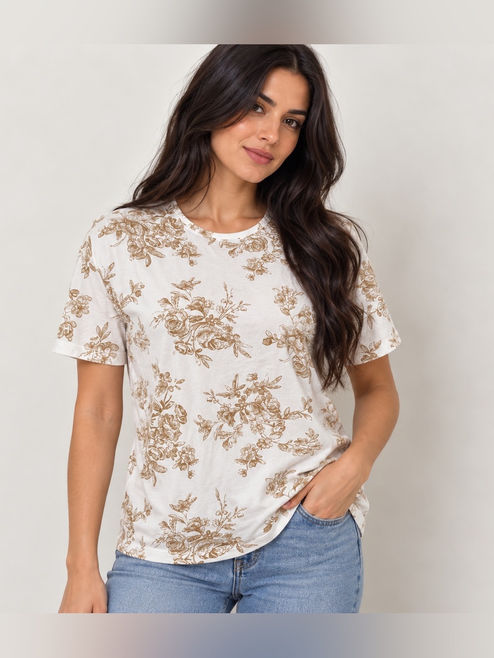 NWT White Stag Women’s Floral Print T-Shirt White Tan 100% Cotton Size M 8/10